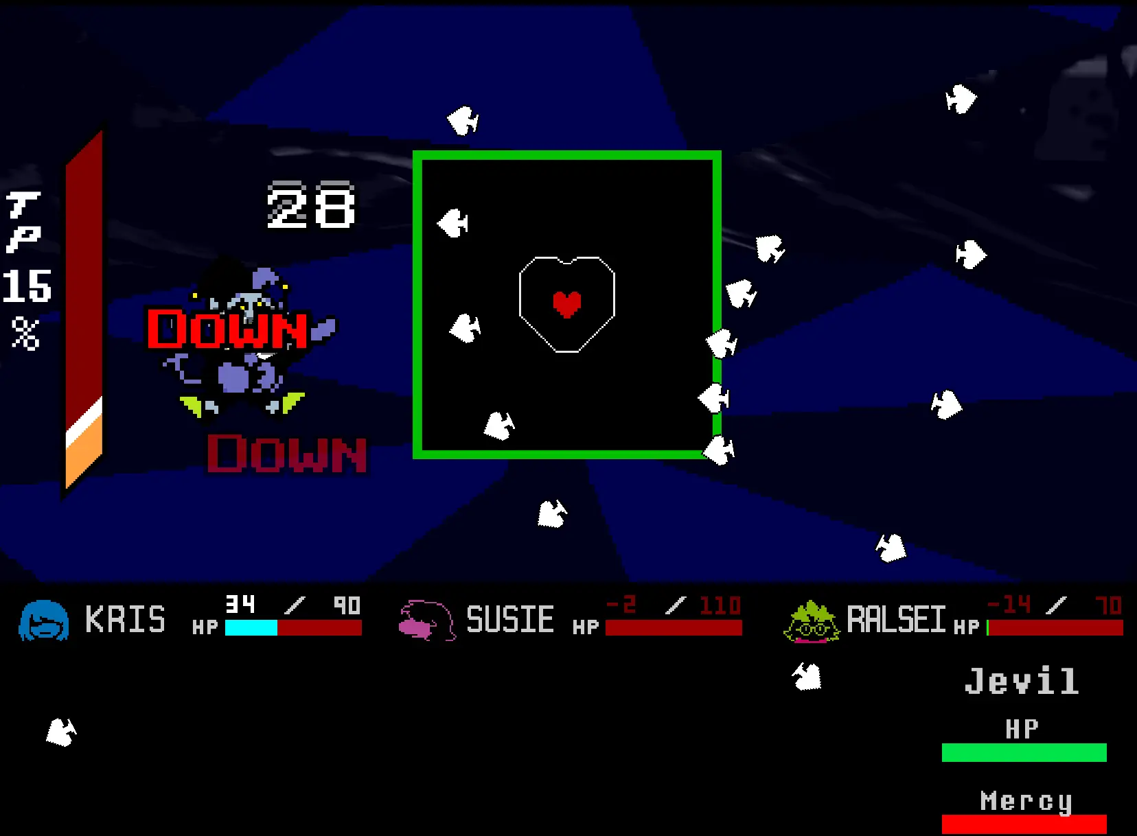 Jevil Fight team - Kris, Susie, and Ralsei facing Jevil